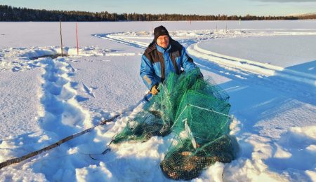 Sustainable commercial fishing on ice Miekojärvi in the Artic Circle - winter fishing